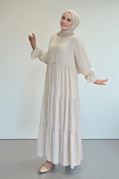 Kol Lastikli Kat Görünümlü Abayalı Elbise Takım 3859 Taş - 2