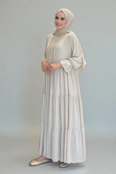 Kol Lastikli Kat Görünümlü Abayalı Elbise Takım 3859 Taş - 3