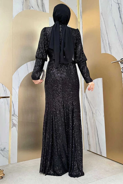 Kemer Aksesuarlı Pul Payet Balık Abiye Elbise 3858 Siyah - 5
