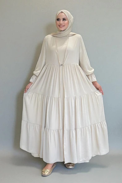 Kol Lastikli Kat Görünümlü Abayalı Elbise Takım 3859 Taş