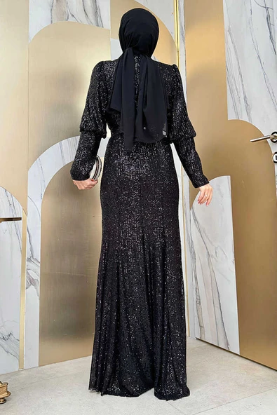 Kemer Aksesuarlı Pul Payet Balık Abiye Elbise 3858 Siyah - 6
