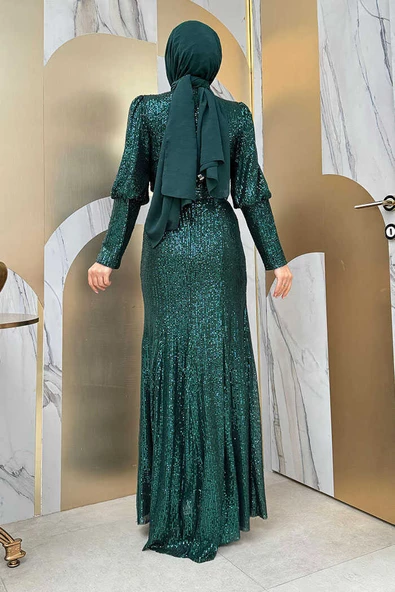 Kemer Aksesuarlı Pul Payet Balık Abiye Elbise 3858 Zümrüt - 5