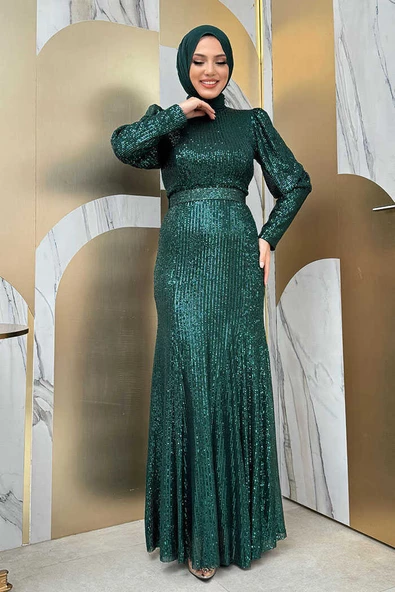 Kemer Aksesuarlı Pul Payet Balık Abiye Elbise 3858 Zümrüt