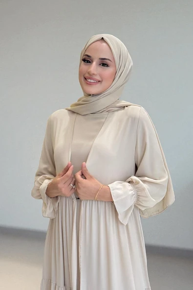 Kol Lastikli Kat Görünümlü Abayalı Elbise Takım 3859 Taş - 4