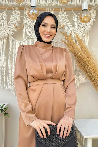 Etek Püskül Detay Kemer Aksesuarlı Saten Abiye Elbise 3763 Taba - Resim 4