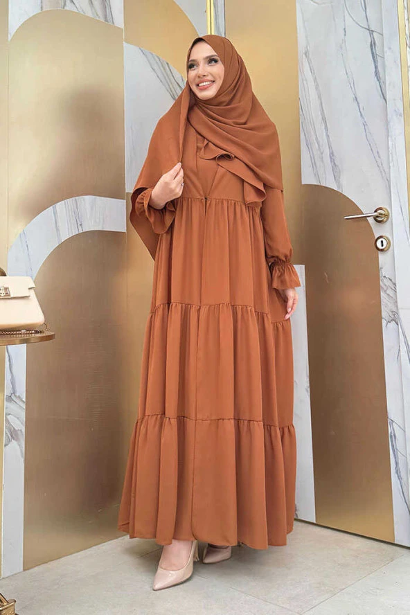 Kol Lastikli Kat Görünümlü Abayalı Elbise Takım 3859 Taba