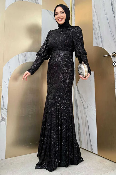 Kemer Aksesuarlı Pul Payet Balık Abiye Elbise 3858 Siyah - 4