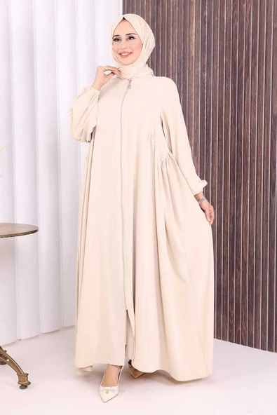 Oval Büzgülü Kol Manşetleri Lastikli Fermuarlı Tam Boy Ferace 6005 Bej - Resim 2