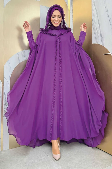 Kapişonlu Belirli Kısımları Fırfır Detaylı Abayalı Elbise Takım 3778 Mor ürün görseli