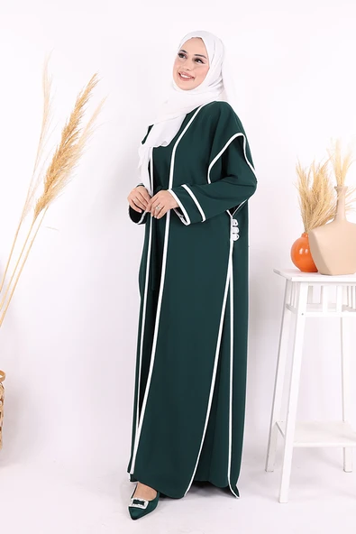 Düğme Detaylı Yırtmaçlı Yelek ve Elbise İkili Takım 8485 Zümrüt - 2