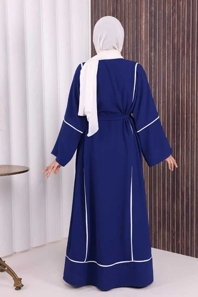 Çizgi Desenli Önü Boydan Fermuarlı Bel Kuşaklı Ferace 7885 Lacivert - Resim 4