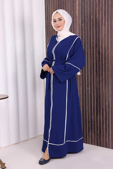 Çizgi Desenli Önü Boydan Fermuarlı Bel Kuşaklı Ferace 7885 Lacivert - Resim 3