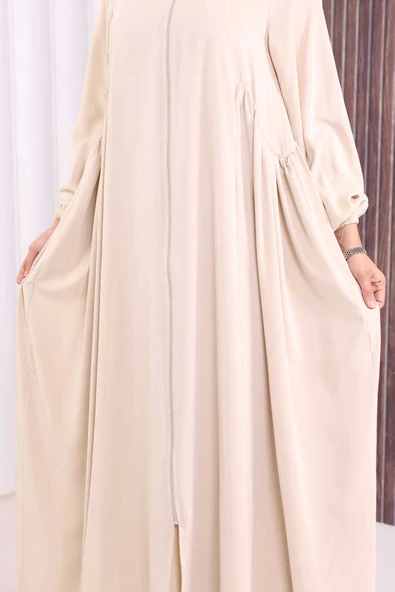 Oval Büzgülü Kol Manşetleri Lastikli Fermuarlı Tam Boy Ferace 6005 Bej - Resim 7