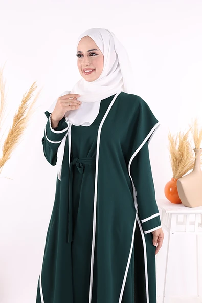 Düğme Detaylı Yırtmaçlı Yelek ve Elbise İkili Takım 8485 Zümrüt - 4