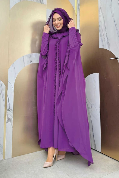Kapişonlu Belirli Kısımları Fırfır Detaylı Abayalı Elbise Takım 3778 Mor - Resim 2