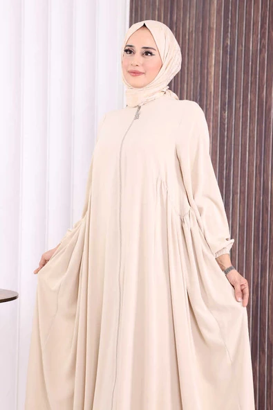 Oval Büzgülü Kol Manşetleri Lastikli Fermuarlı Tam Boy Ferace 6005 Bej - Resim 6