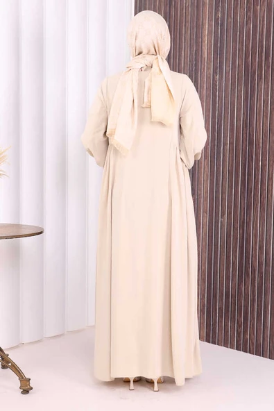 Oval Büzgülü Kol Manşetleri Lastikli Fermuarlı Tam Boy Ferace 6005 Bej - Resim 5