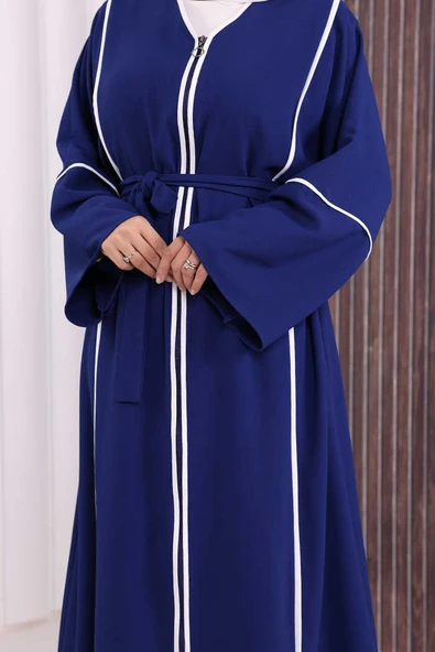 Çizgi Desenli Önü Boydan Fermuarlı Bel Kuşaklı Ferace 7885 Lacivert - Resim 6