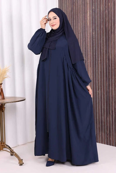 Oval Büzgülü Kol Manşetleri Lastikli Fermuarlı Tam Boy Ferace 6005 Lacivert - Resim 2