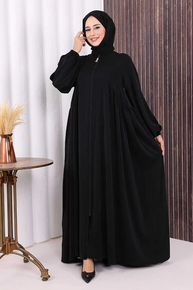 Oval Büzgülü Kol Manşetleri Lastikli Fermuarlı Tam Boy Ferace 6005 Siyah - Resim 2