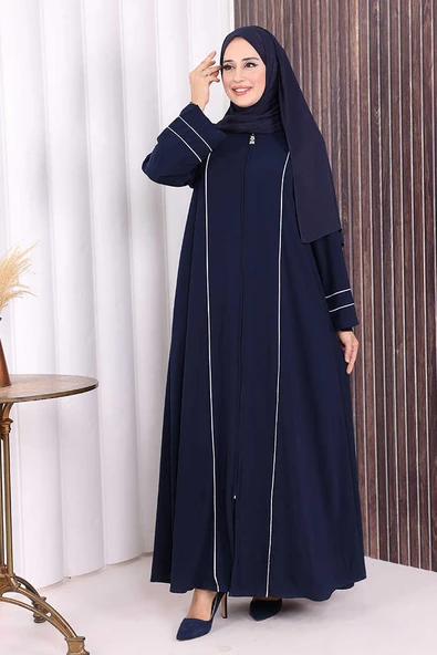 Çizgi Detaylı Boydan Fermuarlı Tam Boy Ferace 6011 Lacivert ürün görseli