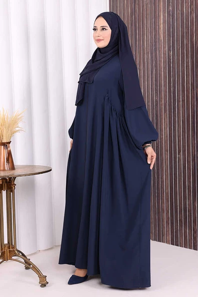 Oval Büzgülü Kol Manşetleri Lastikli Fermuarlı Tam Boy Ferace 6005 Lacivert - Resim 3