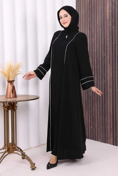 Çizgi Detaylı Boydan Fermuarlı Tam Boy Ferace 6011 Siyah - Resim 3