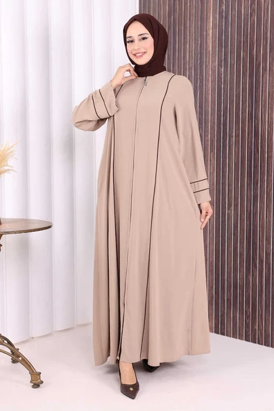 Çizgi Detaylı Boydan Fermuarlı Tam Boy Ferace 6011 Vizon ürün görseli