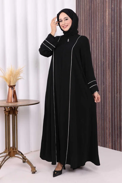 Çizgi Detaylı Boydan Fermuarlı Tam Boy Ferace 6011 Siyah - Resim 2
