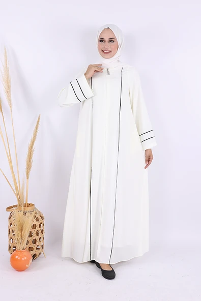 Çizgi Detaylı Boydan Fermuarlı Tam Boy Ferace 6011 Ekru ürün görseli