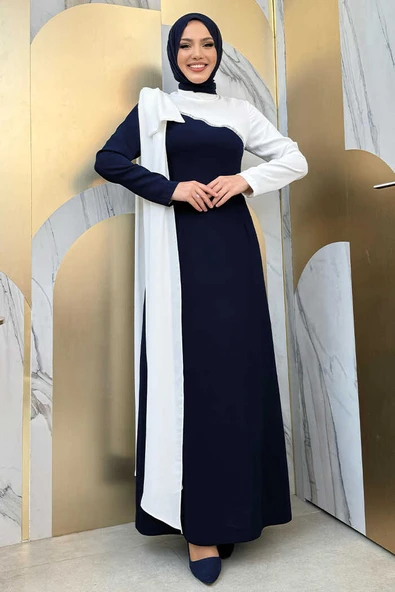 Tek Omuz Fiyonk Apoletli Çift Renk Elbise 3862 Lacivert - 5