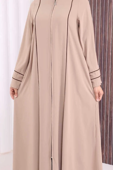 Çizgi Detaylı Boydan Fermuarlı Tam Boy Ferace 6011 Vizon - Resim 6