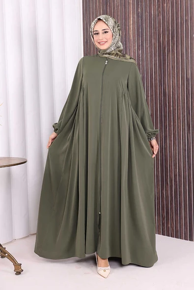 Oval Büzgülü Kol Manşetleri Lastikli Fermuarlı Tam Boy Ferace 6005 Haki - Resim 2