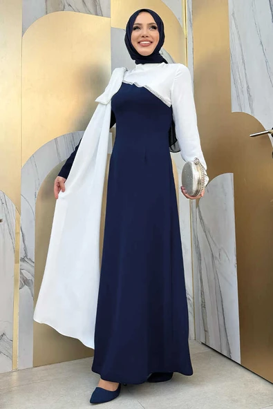 Tek Omuz Fiyonk Apoletli Çift Renk Elbise 3862 Lacivert - 7