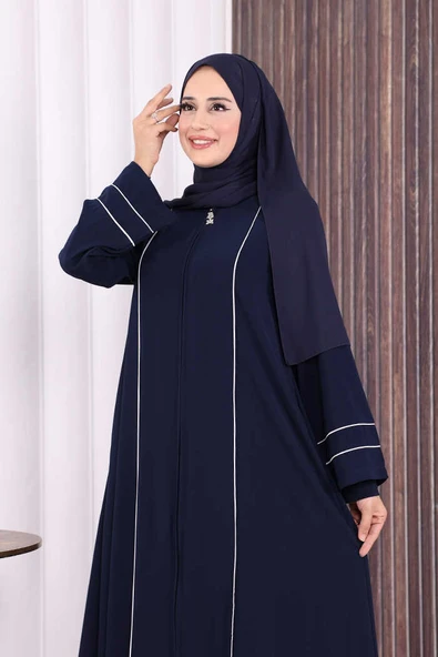 Çizgi Detaylı Boydan Fermuarlı Tam Boy Ferace 6011 Lacivert - Resim 4