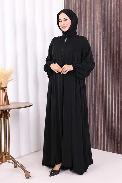 Oval Büzgülü Kol Manşetleri Lastikli Fermuarlı Tam Boy Ferace 6005 Siyah - Resim 3