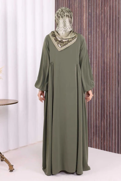 Oval Büzgülü Kol Manşetleri Lastikli Fermuarlı Tam Boy Ferace 6005 Haki - Resim 5