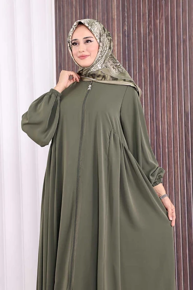 Oval Büzgülü Kol Manşetleri Lastikli Fermuarlı Tam Boy Ferace 6005 Haki - Resim 6