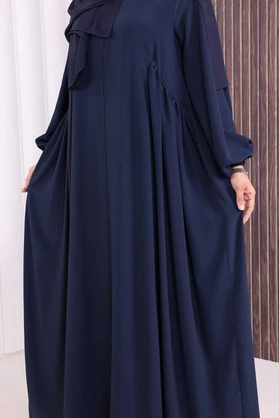 Oval Büzgülü Kol Manşetleri Lastikli Fermuarlı Tam Boy Ferace 6005 Lacivert - Resim 6