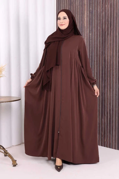 Oval Büzgülü Kol Manşetleri Lastikli Fermuarlı Tam Boy Ferace 6005 Kahverengi ürün görseli