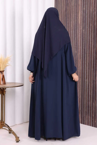 Oval Büzgülü Kol Manşetleri Lastikli Fermuarlı Tam Boy Ferace 6005 Lacivert - Resim 4