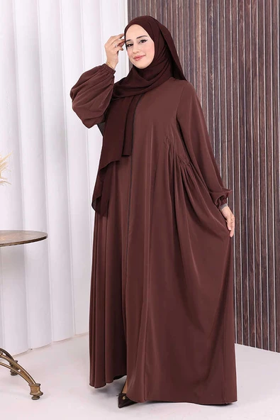 Oval Büzgülü Kol Manşetleri Lastikli Fermuarlı Tam Boy Ferace 6005 Kahverengi - Resim 2