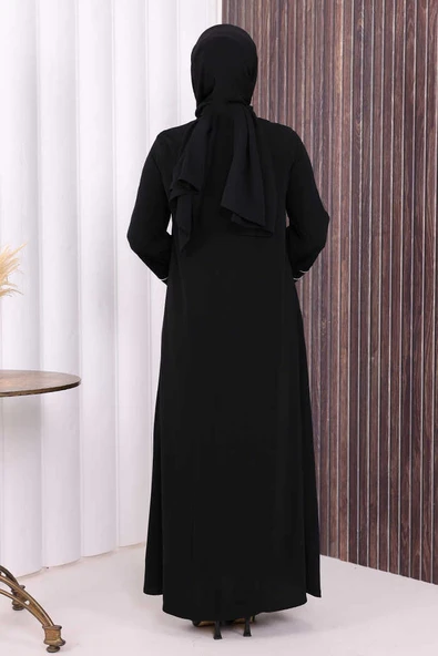 Çizgi Detaylı Boydan Fermuarlı Tam Boy Ferace 6011 Siyah - Resim 4