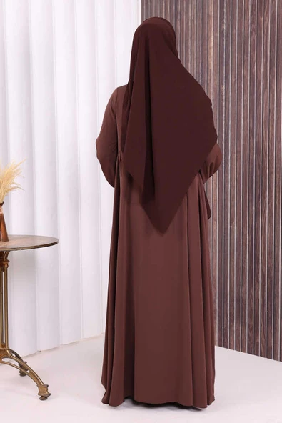 Oval Büzgülü Kol Manşetleri Lastikli Fermuarlı Tam Boy Ferace 6005 Kahverengi - Resim 4