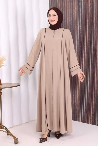 Çizgi Detaylı Boydan Fermuarlı Tam Boy Ferace 6011 Vizon - Resim 2