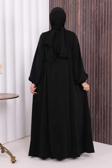 Oval Büzgülü Kol Manşetleri Lastikli Fermuarlı Tam Boy Ferace 6005 Siyah - Resim 5