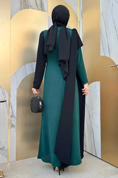 Tek Omuz Fiyonk Apoletli Çift Renk Elbise 3862 Zümrüt - 6