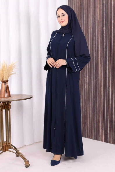 Çizgi Detaylı Boydan Fermuarlı Tam Boy Ferace 6011 Lacivert - Resim 2