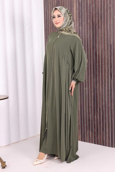 Oval Büzgülü Kol Manşetleri Lastikli Fermuarlı Tam Boy Ferace 6005 Haki - Resim 3