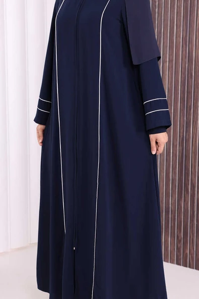 Çizgi Detaylı Boydan Fermuarlı Tam Boy Ferace 6011 Lacivert - Resim 5